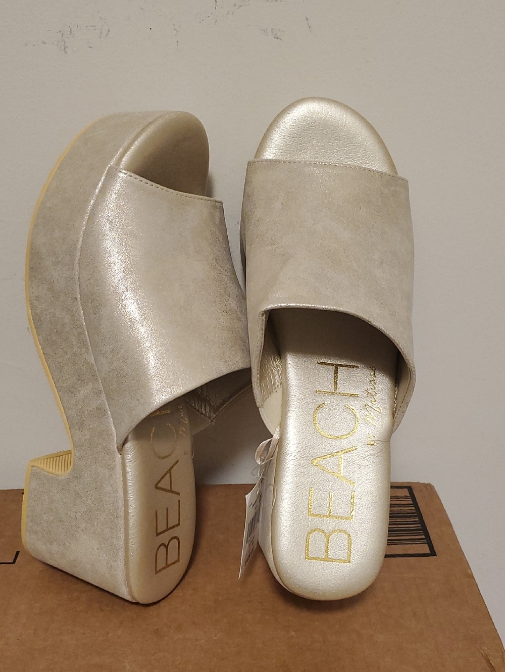 Gold Platform Slide Sandals for Women, Beach by Matisse, Size 11M.